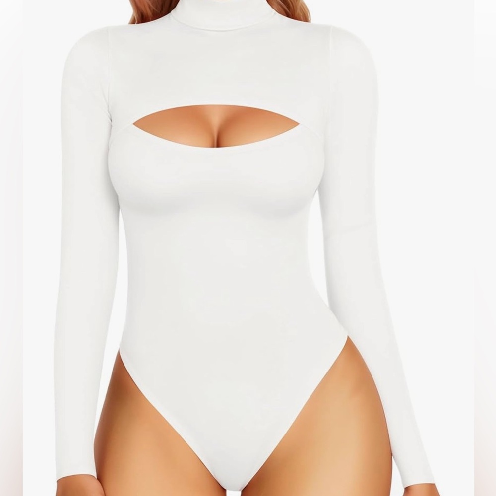 White Long Sleeve Cutout Bodysuit by Mangopop with mock neck cutout front top.